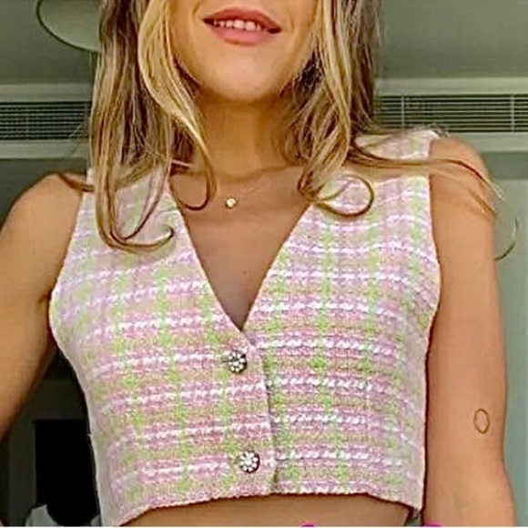 ZARA Tweed Crop Top Pink & Green Vest Jewel Buttons Size S • BLOGGER FAVORITE • - Picture 1 of 6